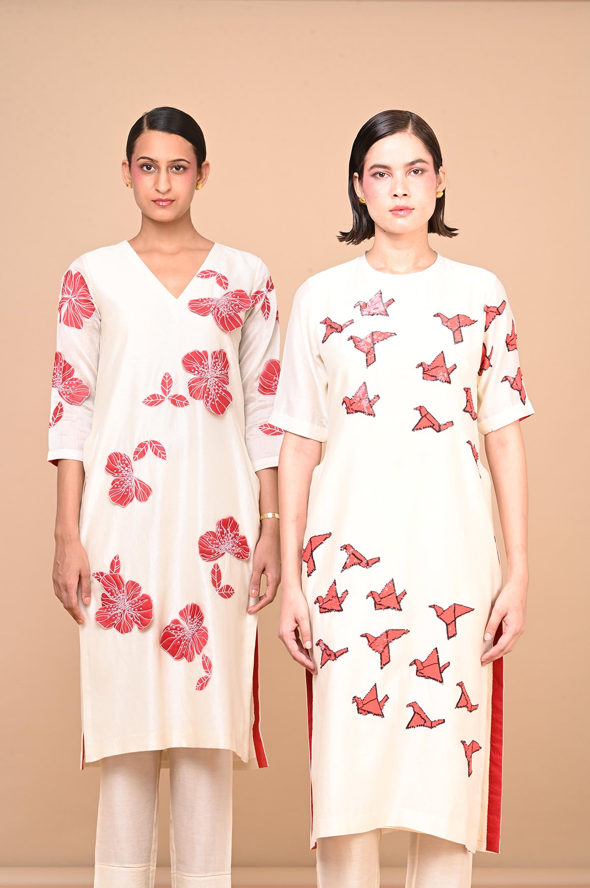 ABHJEET KHANNA | IVORY RED KURTA SET | SHOP INDIAN DESIGNER WEAR ONLINE INDIA | ORIGAMI BIRDS TUNIC SET