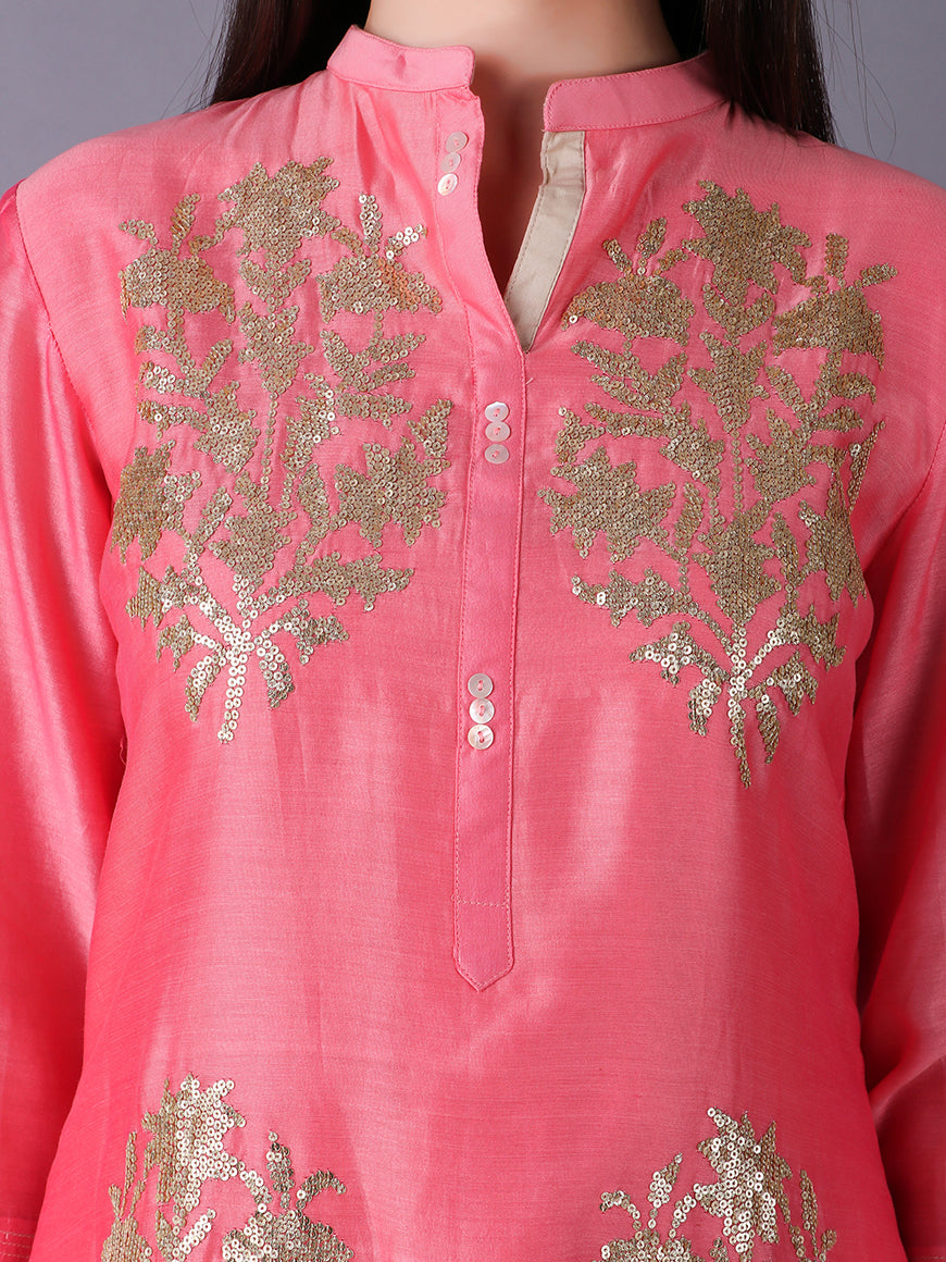 ABHJEET KHANNA | SALMON PINK EMBROIDERED TUNIC | SHOP CHANDERI TUNIC SET ONLINE INDIA | SHOP TROUSSEAU | FESTIVE WEAR