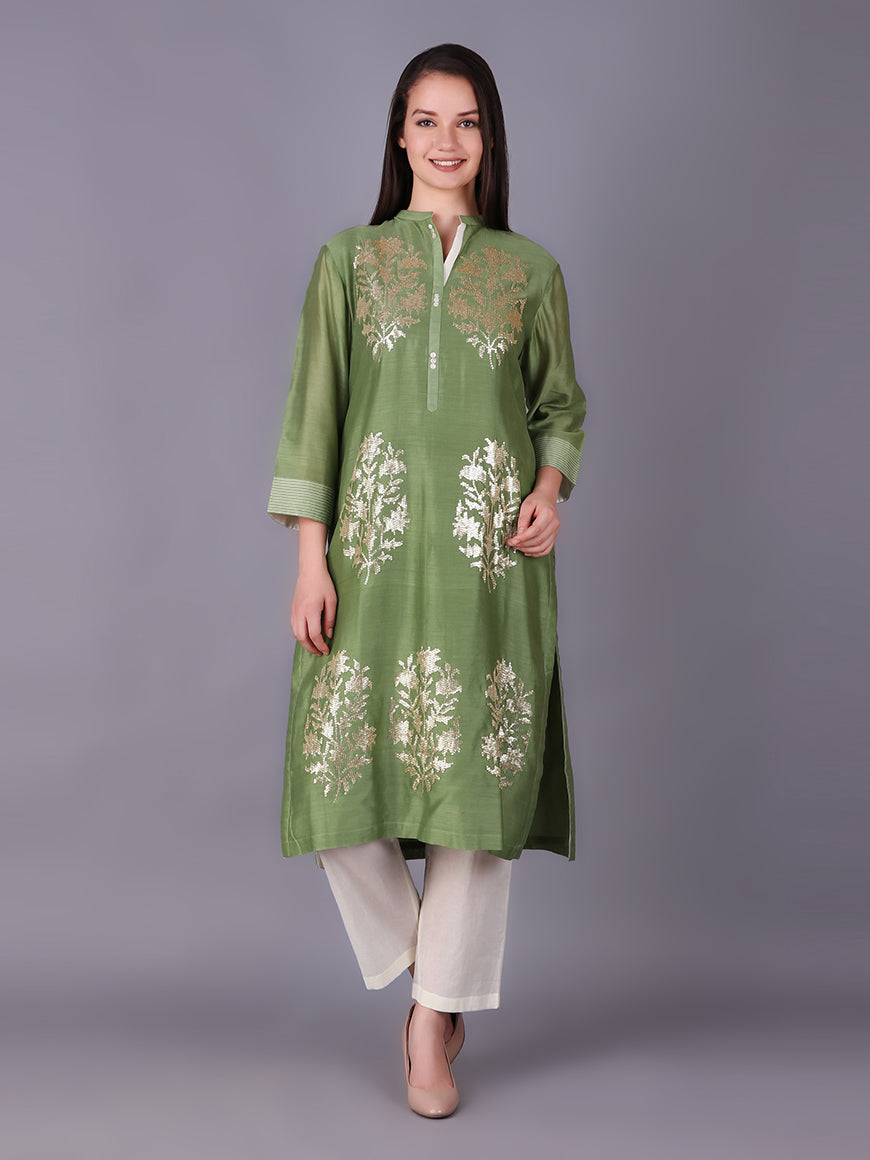 ABHJEET KHANNA | SALMON PINK EMBROIDERED TUNIC | SHOP CHANDERI TUNIC SET ONLINE INDIA | SHOP TROUSSEAU | FESTIVE WEAR