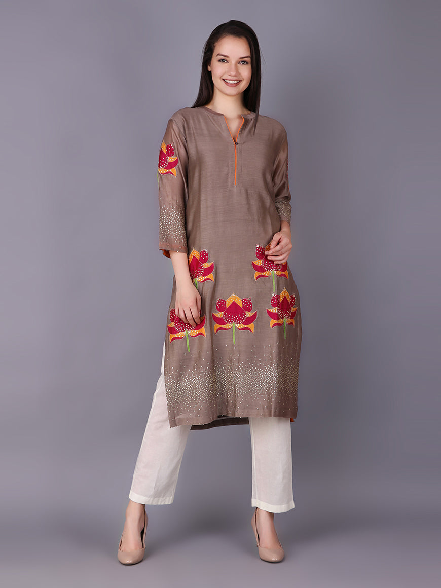 ABHJEET KHANNA | GREY ORANGE FUSCHIA CHANDERI  EMBROIDERED TUNIC | SHOP CHANDERI  TUNIC SET ONLINE INDIA