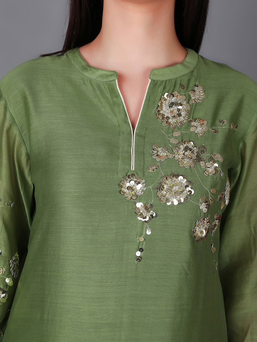 ABHJEET KHANNA | OLIVE GREEN EMBROIDERED TUNIC | SHOP CHANDERI TUNIC SET ONLINE INDIA