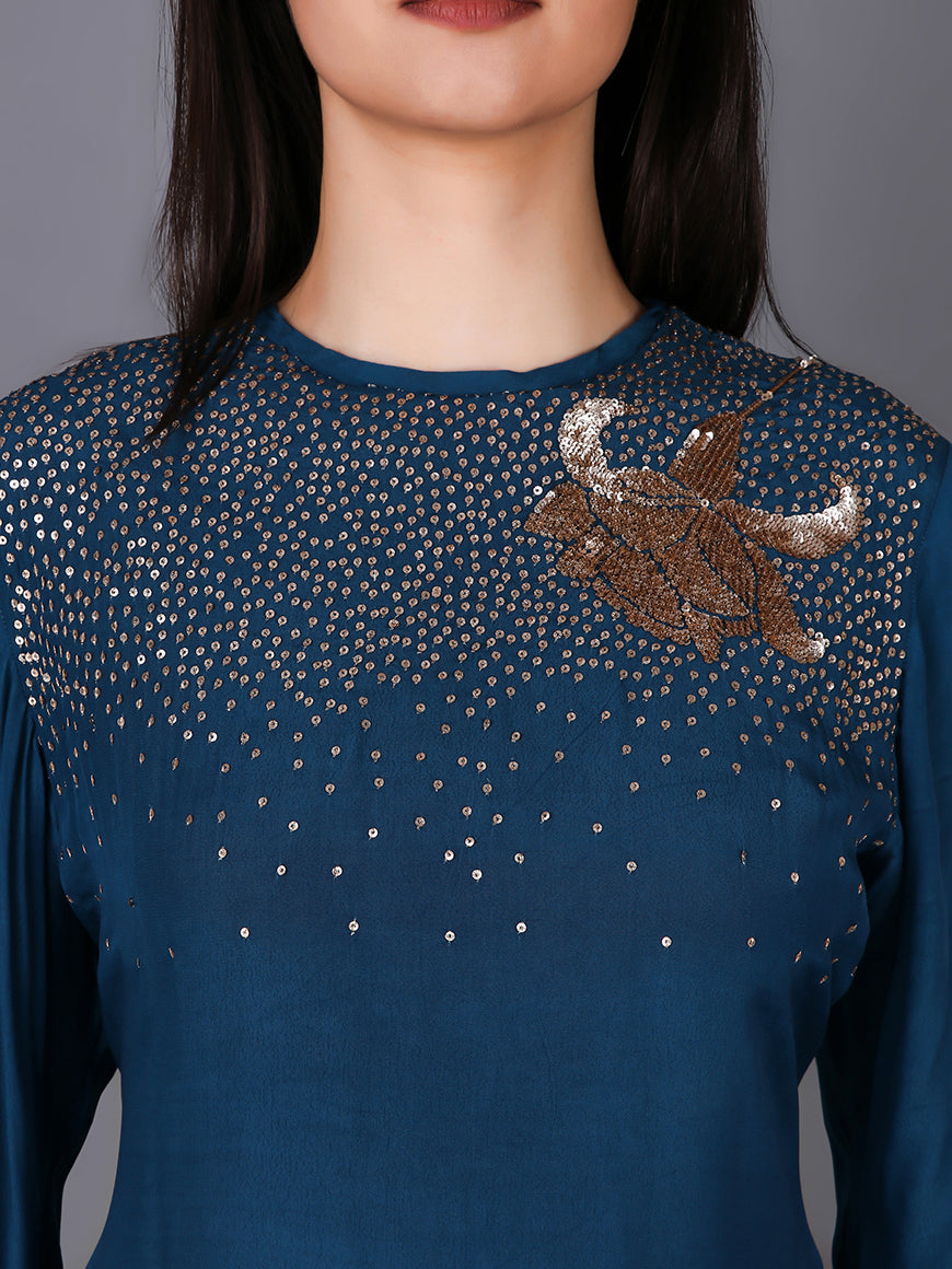 ABHJEET KHANNA | MIDNIGHT BLUE HAND EMBROIDERED TUNIC | SHOP CREPE TUNIC SET ONLINE INDIA