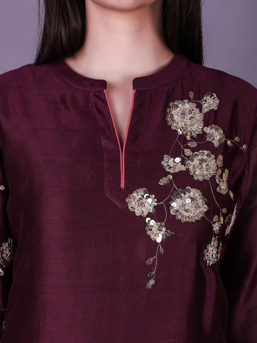 ABHJEET KHANNA | WINE FUSHIA EMBROIDERED TUNIC | SHOP CHANDERI TUNIC SET ONLINE INDIA