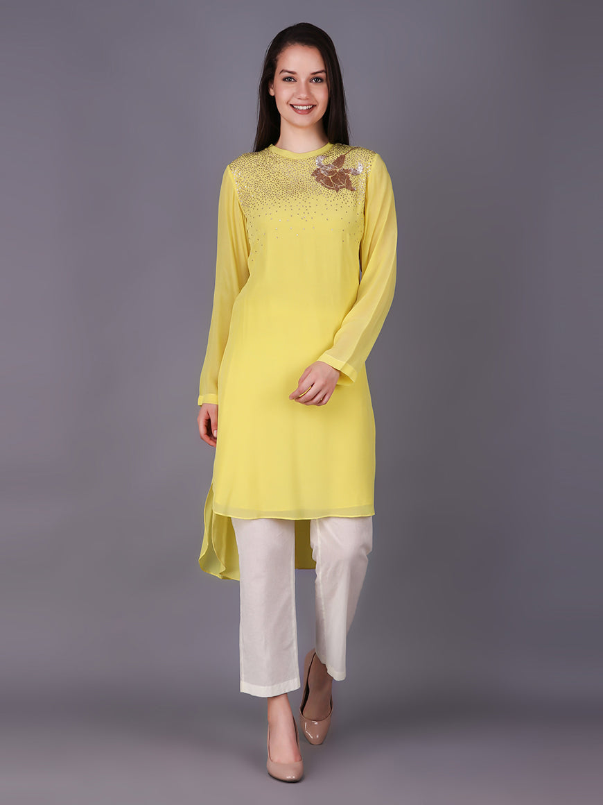 ABHJEET KHANNA | YELLOW TUNIC | SHOP CREPE TUNIC SET ONLINE INDIA