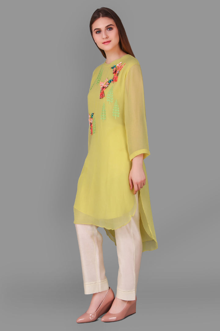 ABHJEET KHANNA | YELLOW GEORGETTE TUNIC | SHOP CREPE TUNIC SET ONLINE INDIA