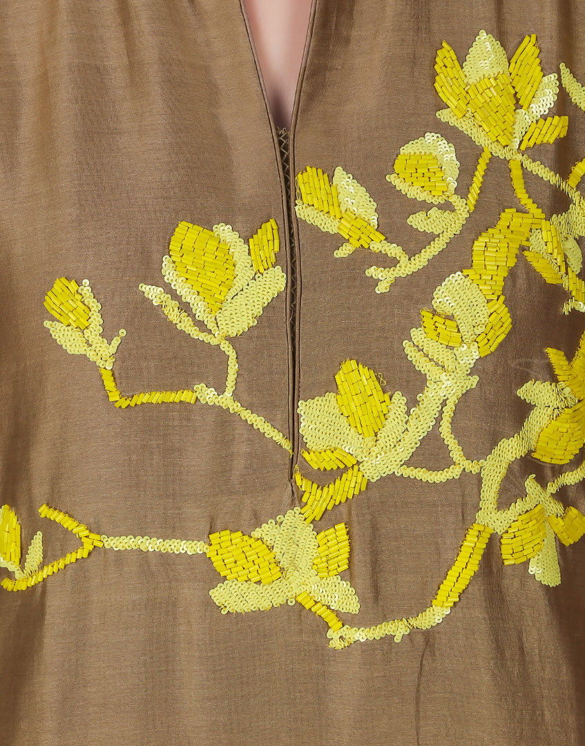 ABHJEET KHANNA | BUY CLASSIC TUNIC SETS ONLINE INDIA | GREY YELLOW CUTDANA EMBROIDERED TUNIC