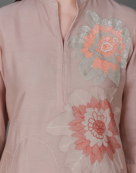ABHIJEET KHANNA | CHANDERI TUNIC EMBROIDERY SEQUINS FLORAL | TUNICS ONLINE INDIA | ROSE
