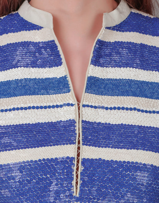 ABHIJEET KHANNA | CHANDERI TUNIC EMBROIDERY SEQUINS  | TUNICS ONLINE INDIA | INDIGO AND IVORY | WORK WEAR KURTA SET