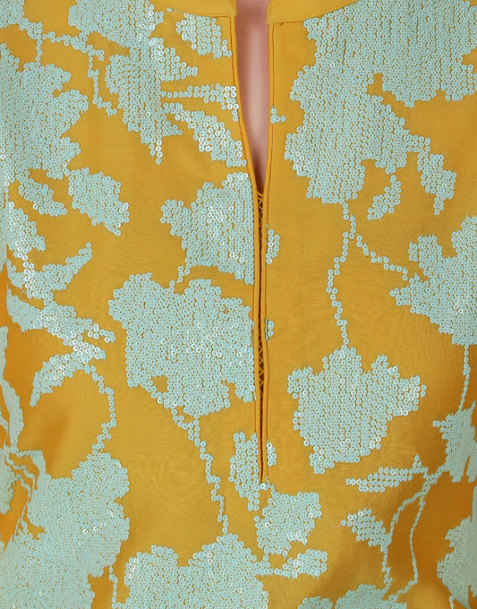 ABHJEET KHANNA |  EMBROIDERY TUNIC SET | BUY ONLINE INDIA | MUSTARD YELLOW KURTA SET