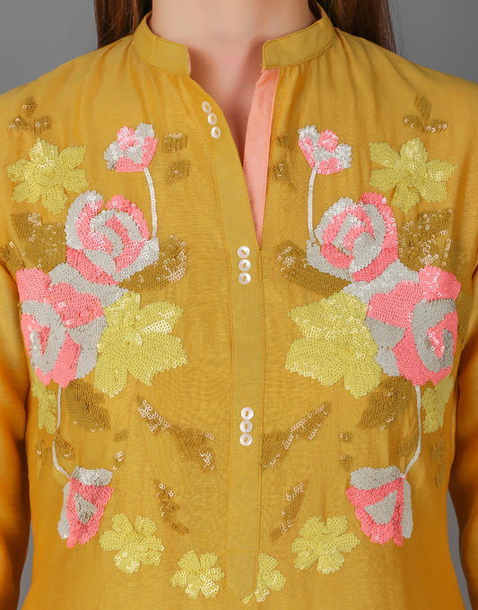 ABHJEET KHANNA | BUY HAND EMBROIDERED TUNIC SET | ROSE | MUSTARD TUNIC