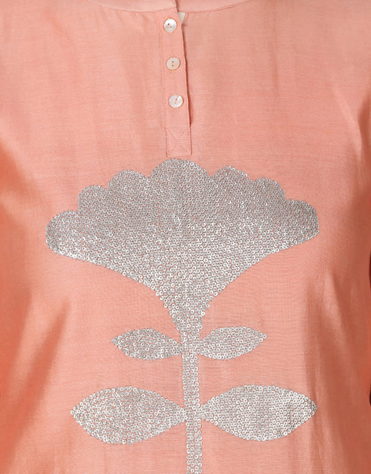 ABHJEET KHANNA | SILVER EMBROIDERY PEACH TUNIC SET | FESTIVE WEAR  | TROUSSEAU