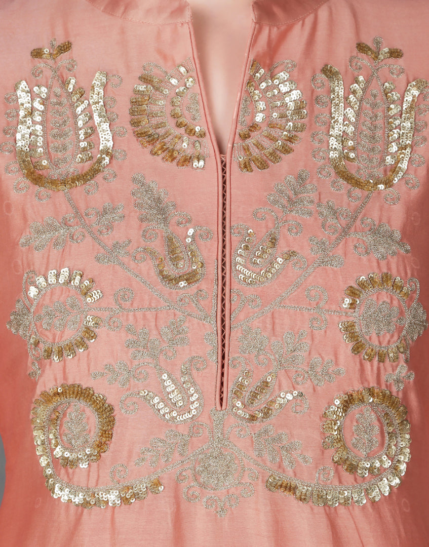 ABHJEET KHANNA | PEACH SILK CHANDERI TUNIC HAND EMBROIDERED | FESTIVE WEAR PEACH TUNIC SET