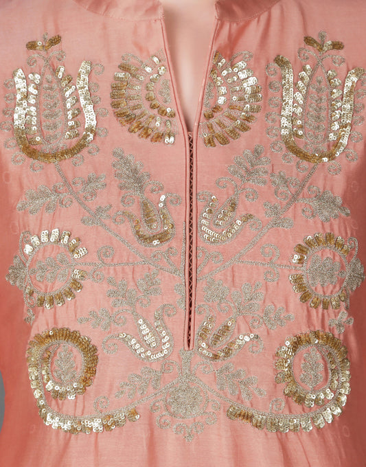 ABHJEET KHANNA | PEACH SILK CHANDERI TUNIC HAND EMBROIDERED | FESTIVE WEAR PEACH TUNIC SET