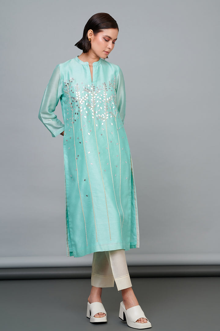 ABHJEET KHANNA | CHANDERI KURTA SHOP ONLINE | SILVER ZARI FESTIVE TUNIC SET