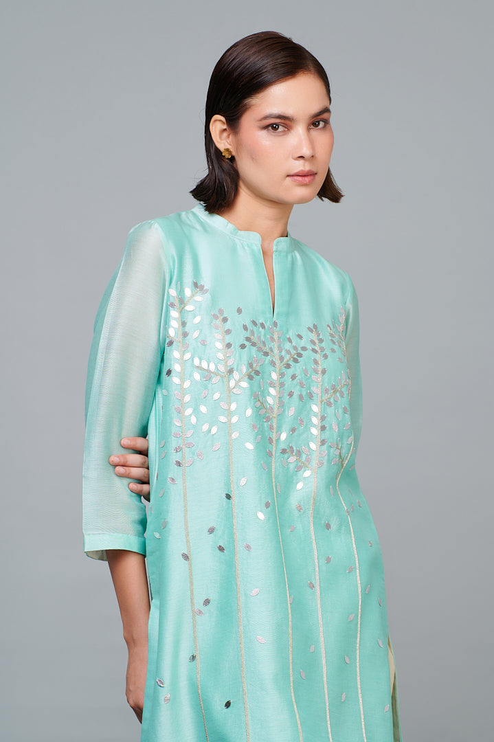 ABHJEET KHANNA | CHANDERI KURTA SHOP ONLINE | SILVER ZARI FESTIVE TUNIC SET