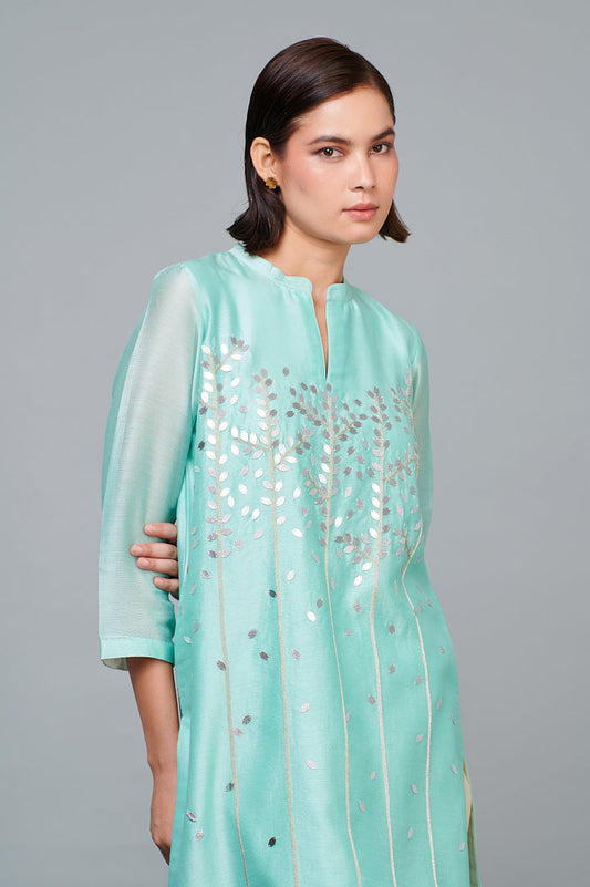 ABHJEET KHANNA | CHANDERI KURTA SHOP ONLINE | SILVER ZARI FESTIVE TUNIC SET