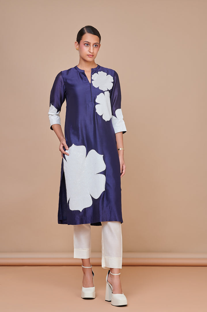 ABHJEET KHANNA | INDOGO IVORY FLORAL APPLIQUE KURTA | TUNIC SET | FESTIVE TUNIC SET