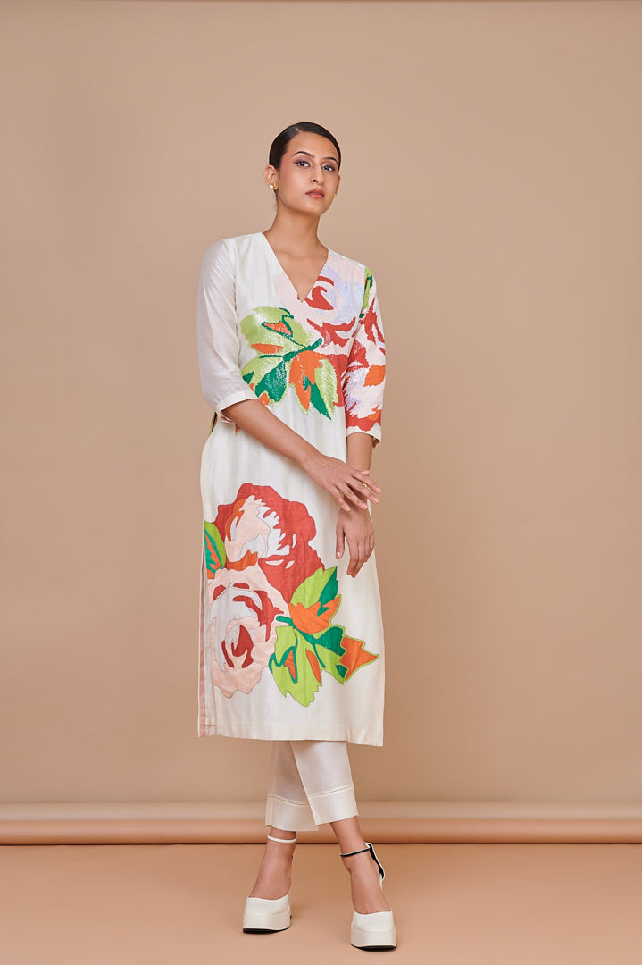 ABHJEET KHANNA | APPLIQUE CHANDERI KURTA SHOP ONLINE | FESTIVE TUNIC SET |