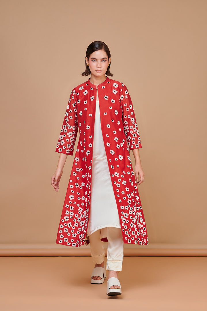1334 Red Applique Oriental motif Jkt Kurta with inner and bottoms