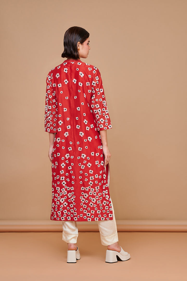 1334 Red Applique Oriental motif Jkt Kurta with inner and bottoms