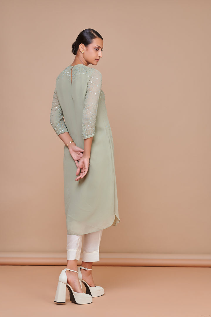 ABHJEET KHANNA | GEORGETTE SEQUINS | GEORGETTE OCCASION WEAR INDIAN | MINT GREEN TUNIC SHOP ONLINE DESIGNER WEAR INDIA