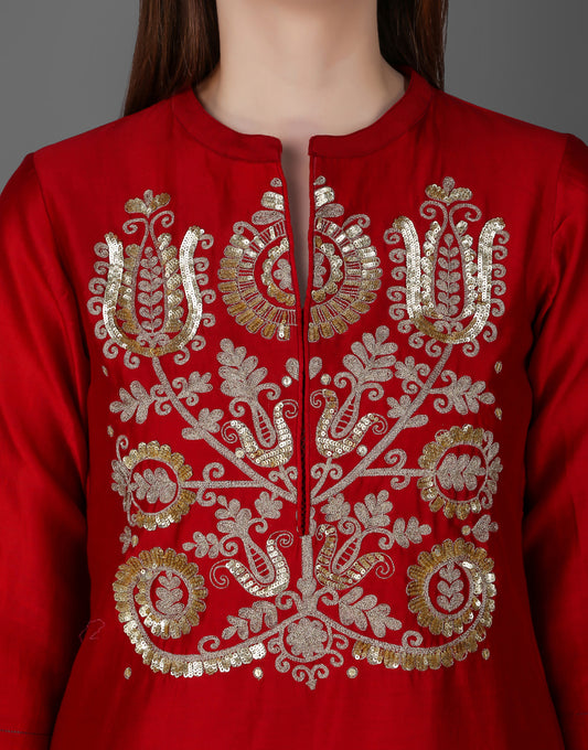 ABHJEET KHANNA | RED SILK CHANDERI TUNIC HAND EMBROIDERED | FESTIVE WEAR RED TUNIC SET