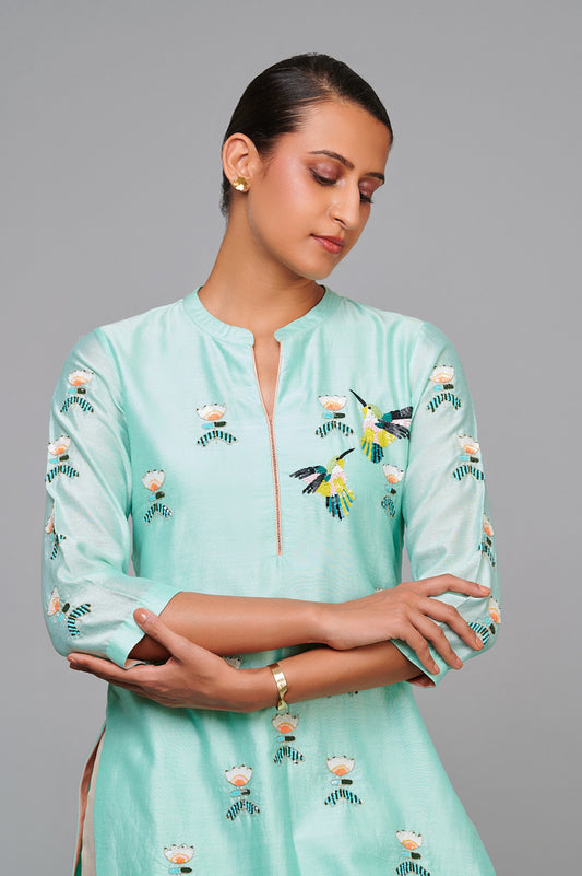 ABHJEET KHANNA | TUNIC SET | CHANDERI KURTA WITH BIRDS EMBROIDERY