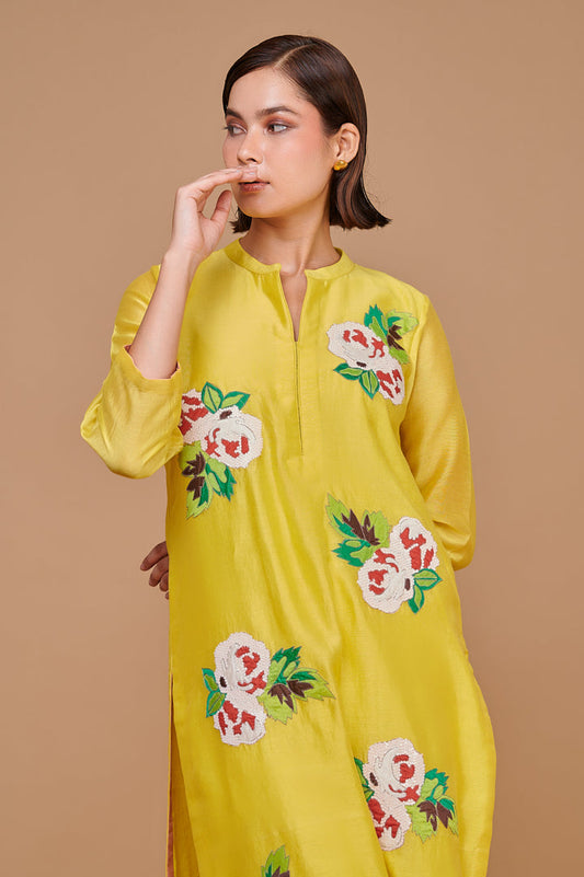 ABHJEET KHANNA | APPLIQUE CHANDERI KURTA SHOP ONLINE | YELLOW KURTA SET |FESTIVE TUNIC SET |