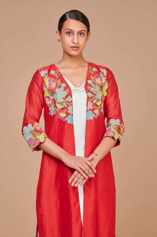 ABHJEET KHANNA | RED ROSE APPLIQUE TUNIC IN MULTI COLOURS | SHOP FESTIVE JACKET SET